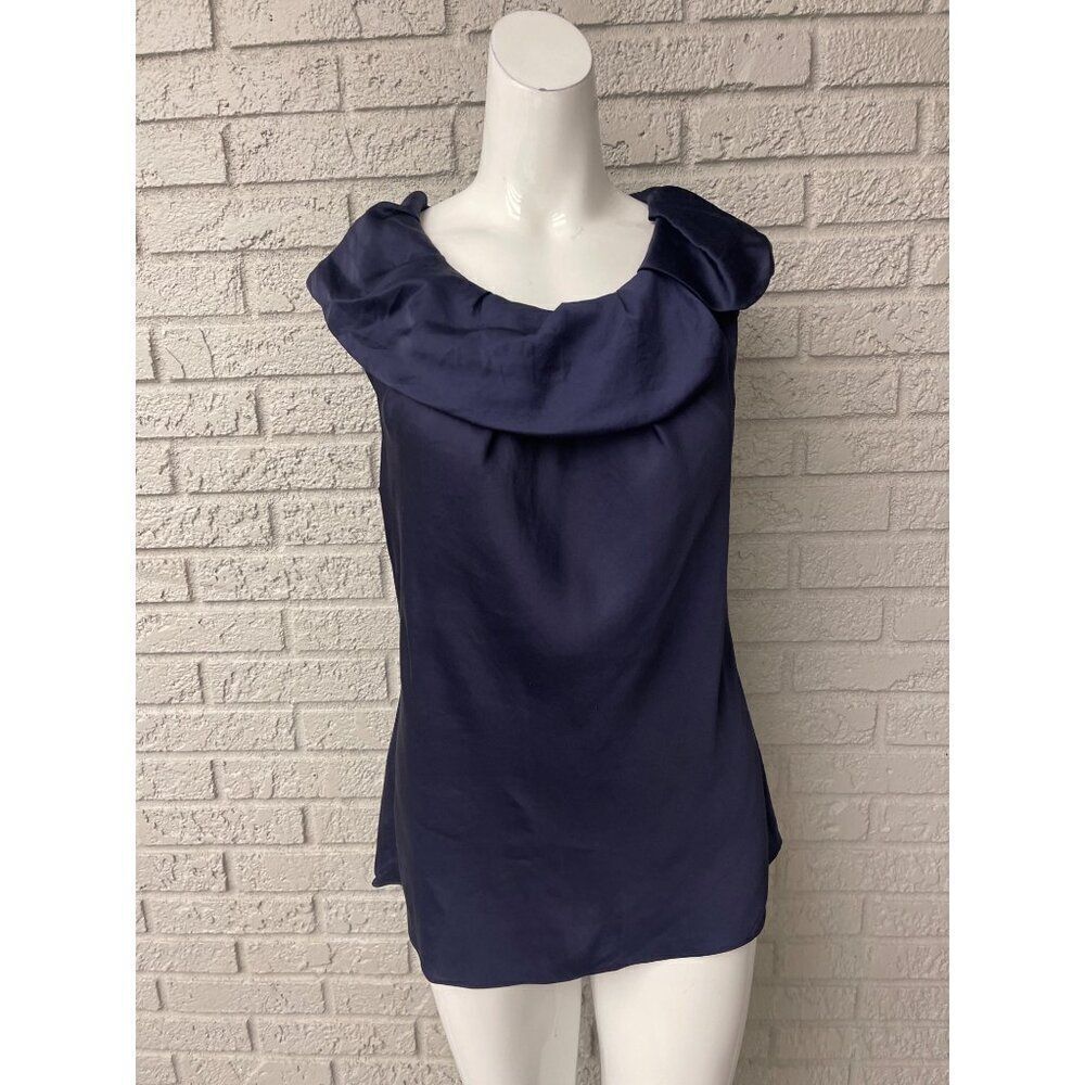 Ann Taylor Women Ink Blue Tulip Collar Sleeveless Blouse Size M